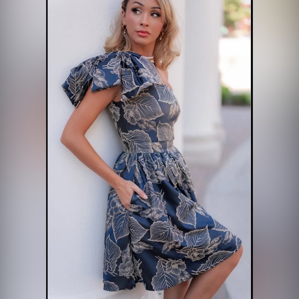 NWT Jessakae Molly Dress XS Floral One-Shoulder Dress Midnight Blue